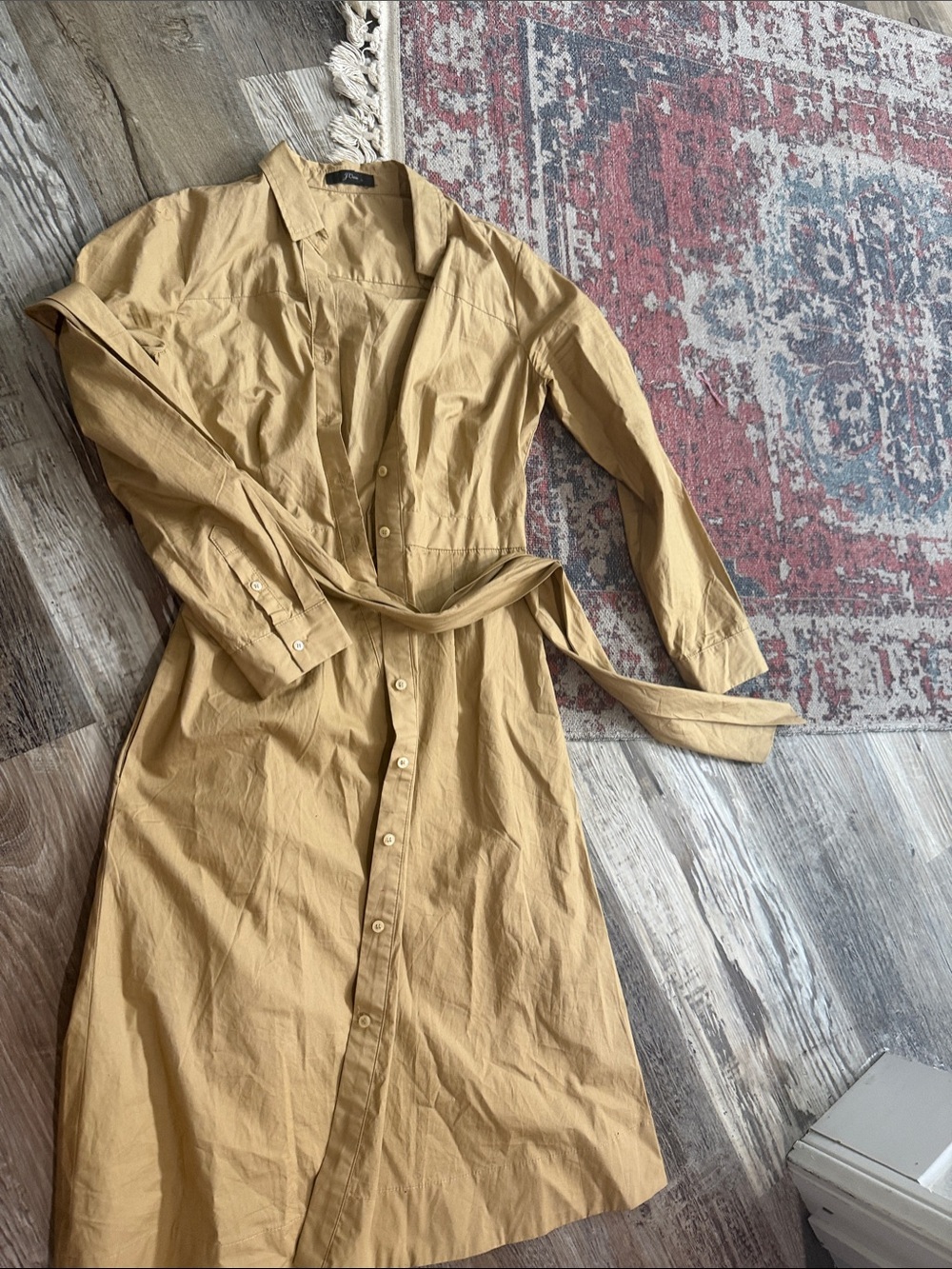 J. Crew Tan Long-Sleeve Button-Front Shirt Dress with Self Tie